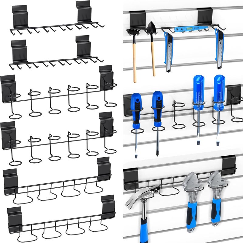 BeapTcely 6 Pcs Slatwall Screwdriver Holders Slatwall Plier Holders Stainless Steel Slat Wall Tool Utility Hooks Accessories Shelving Display Multi-Ring Tool Organizer Racks for Shop Store (6, Black) - Image 1